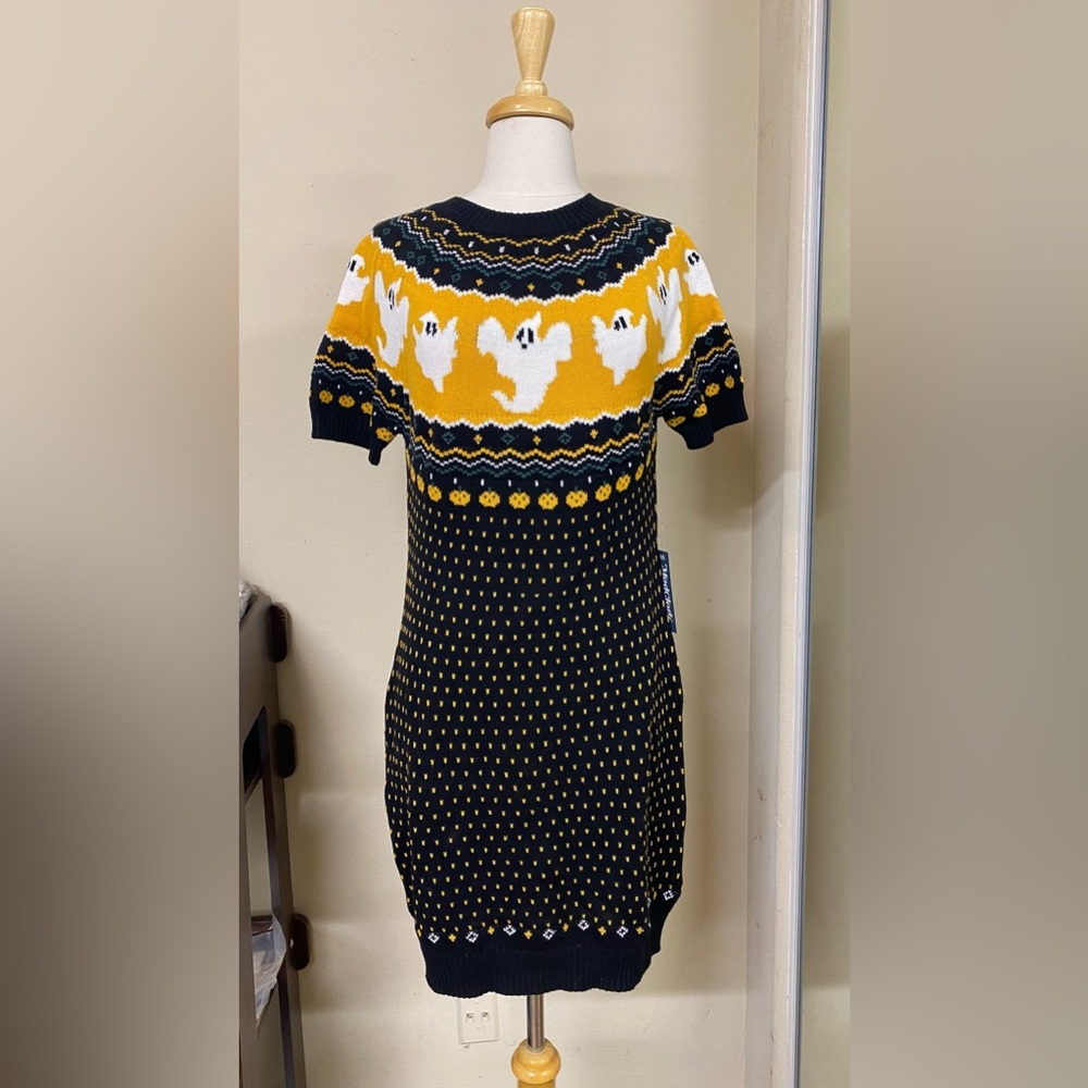 ModCloth Halloween Chic Ghost Sweater Knit Dress in Black and Yellow